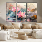 Lotus Flower Wall Art | 3 Panel Giclee Canvas Print of Pink Lotus Blossoms