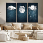 3 Piece Indigo Cloud Wall Art, Thunderstorm Moon Cloud Artwork