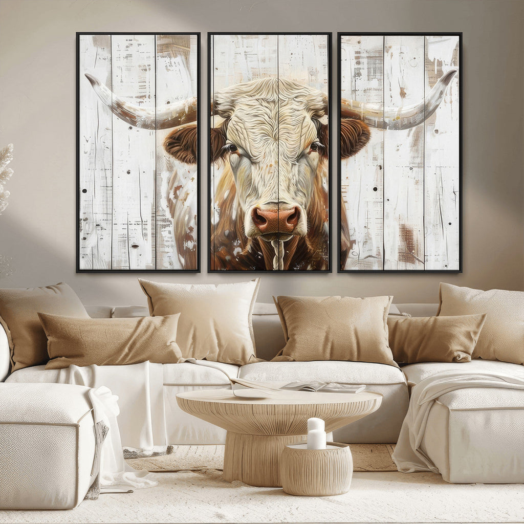 Rustic Longhorn Bull Wall Art Canvas Set