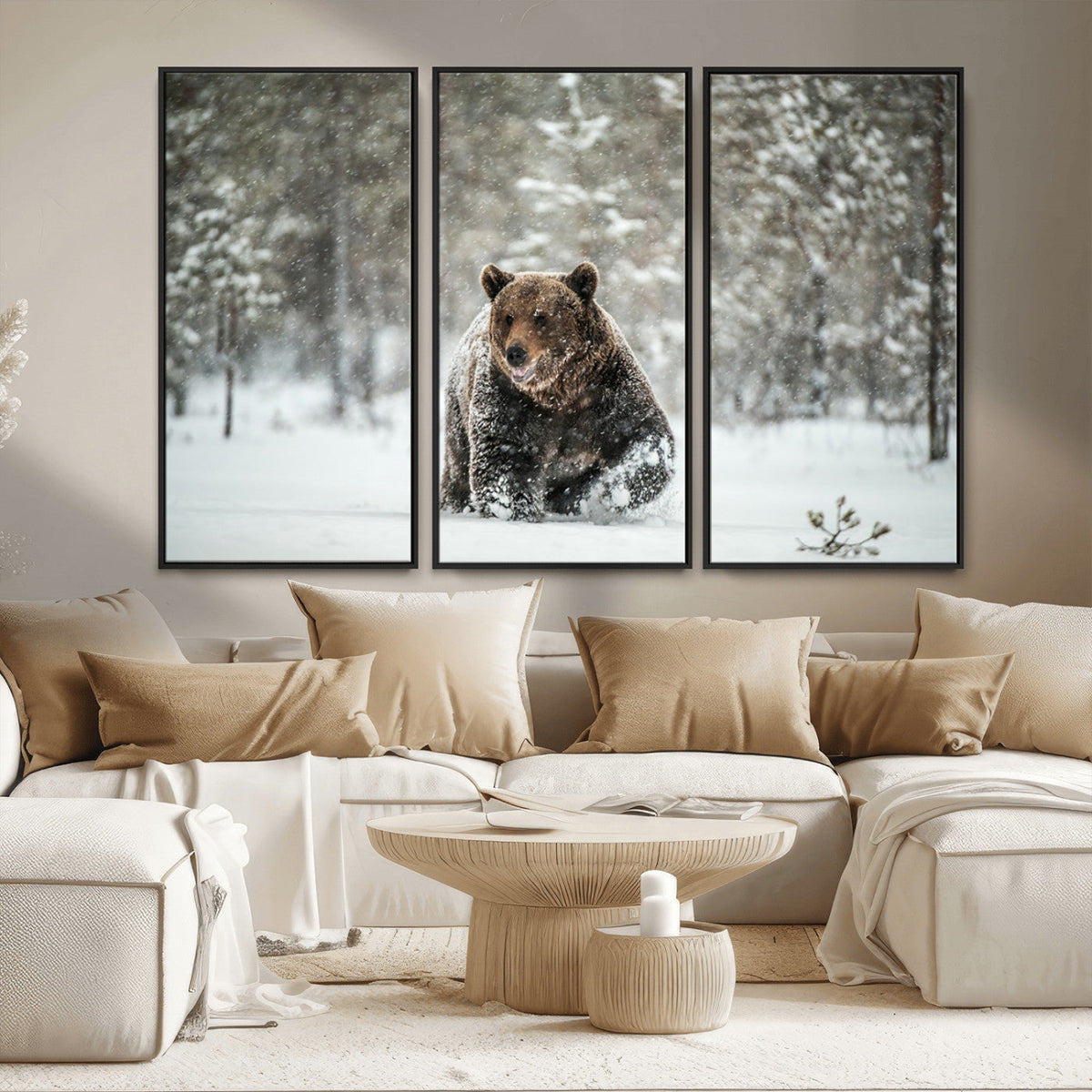 Grizzly Bear Wall Art | Framed Snowy Forest Canvas Artwork