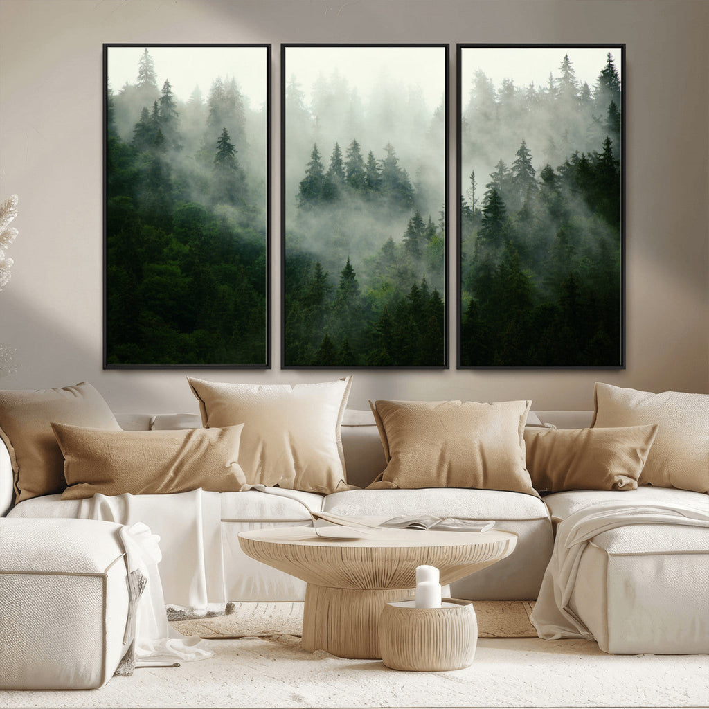 Misty Forest Wall Art | Tranquil Green Woodland Canvas Print