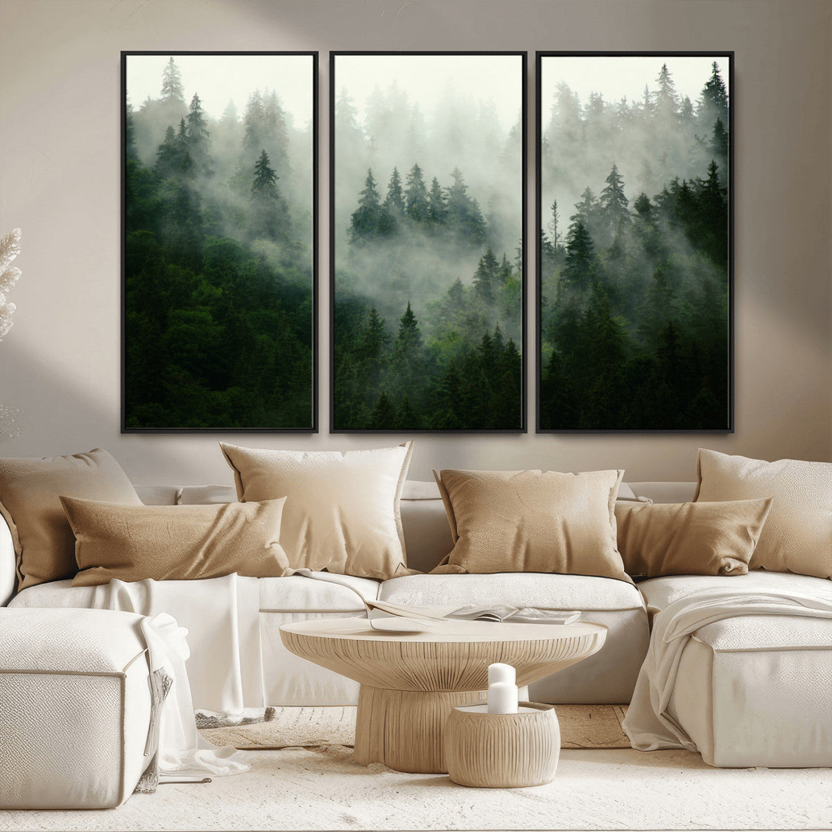 Misty Forest Wall Art | Tranquil Green Woodland Canvas Print