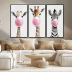 Bubblegum Animals Canvas Wall Art, Playful Giraffe and Zebra Trio, Whimsical Nursery and Kids Room Decor