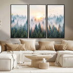 Misty Pine Forest Wall Art Canvas, Sunrise Over Foggy Trees