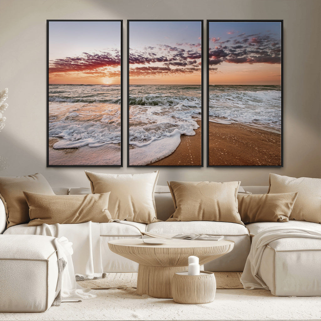 Ocean Sunset Wall Art Canvas Print | Sandy Shore and Gentle Waves