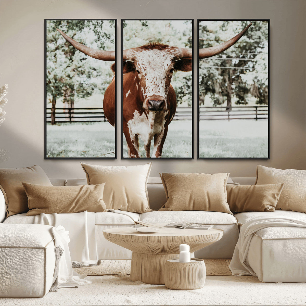 Texas Longhorn Wall Art Canvas Print | Framed Spotted Brown and White Bull