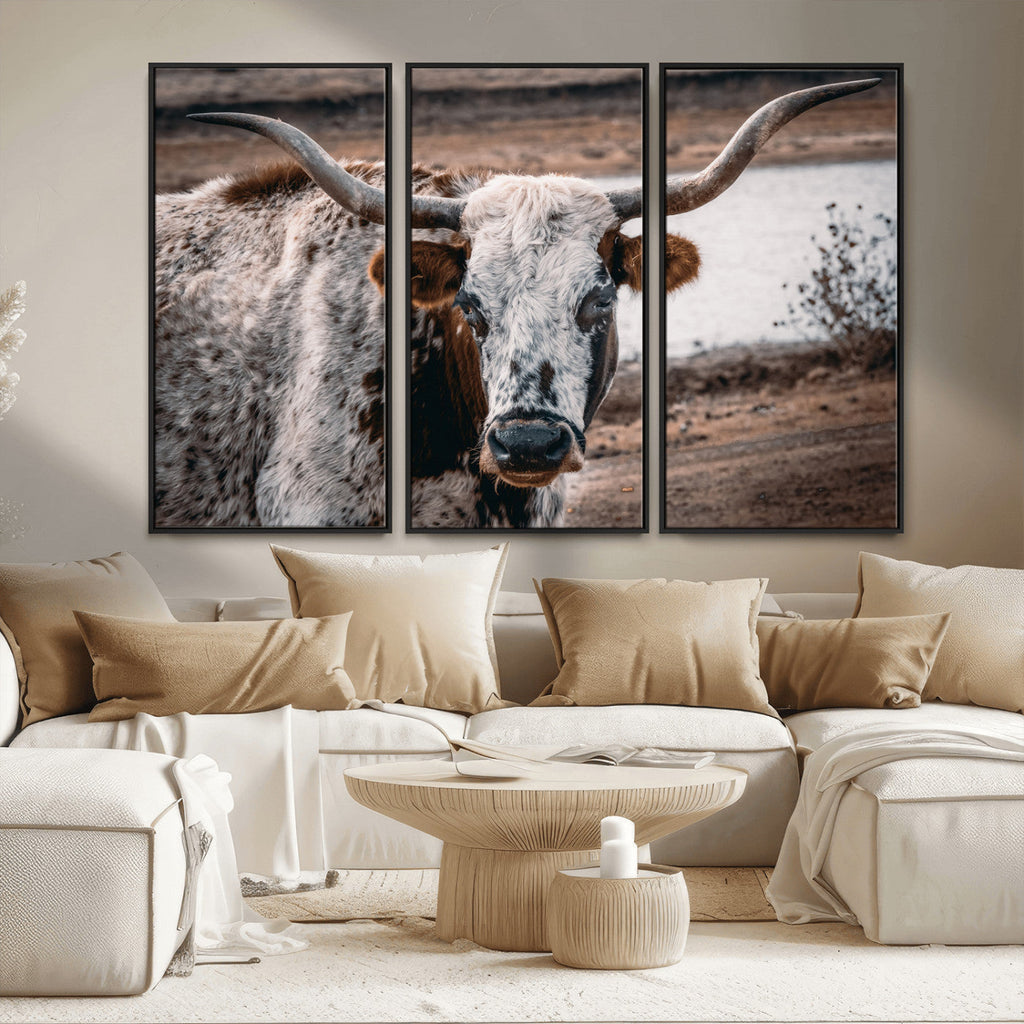 Texas Longhorn Wall Art Canvas Print | Framed Brown and White Spotted Longhorn