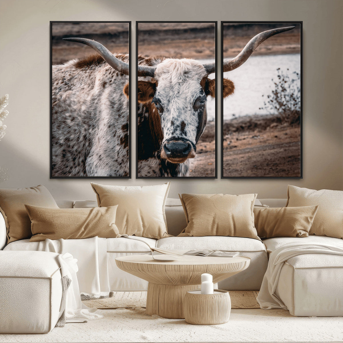 Texas Longhorn Wall Art Canvas Print | Framed Brown and White Spotted Longhorn