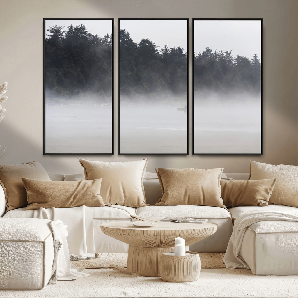 Surfer Fog Wall Art Canvas Print, Framed Foggy Beach and Coastal Surf Scene