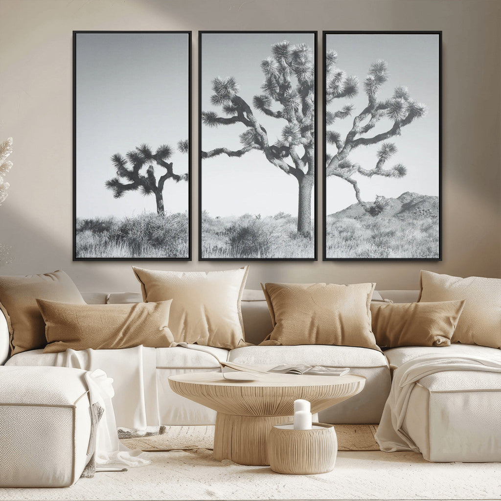 Joshua Tree Wall Art Canvas Print, Framed Black and White Desert Landscape Artwork
