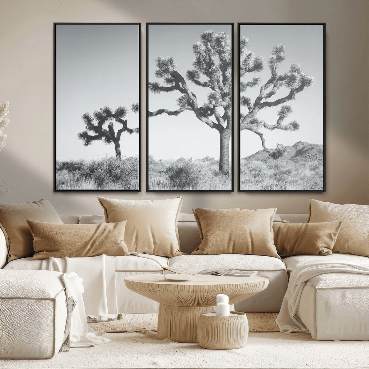 Joshua Tree Wall Art Canvas Print, Framed Black and White Desert Landscape Artwork