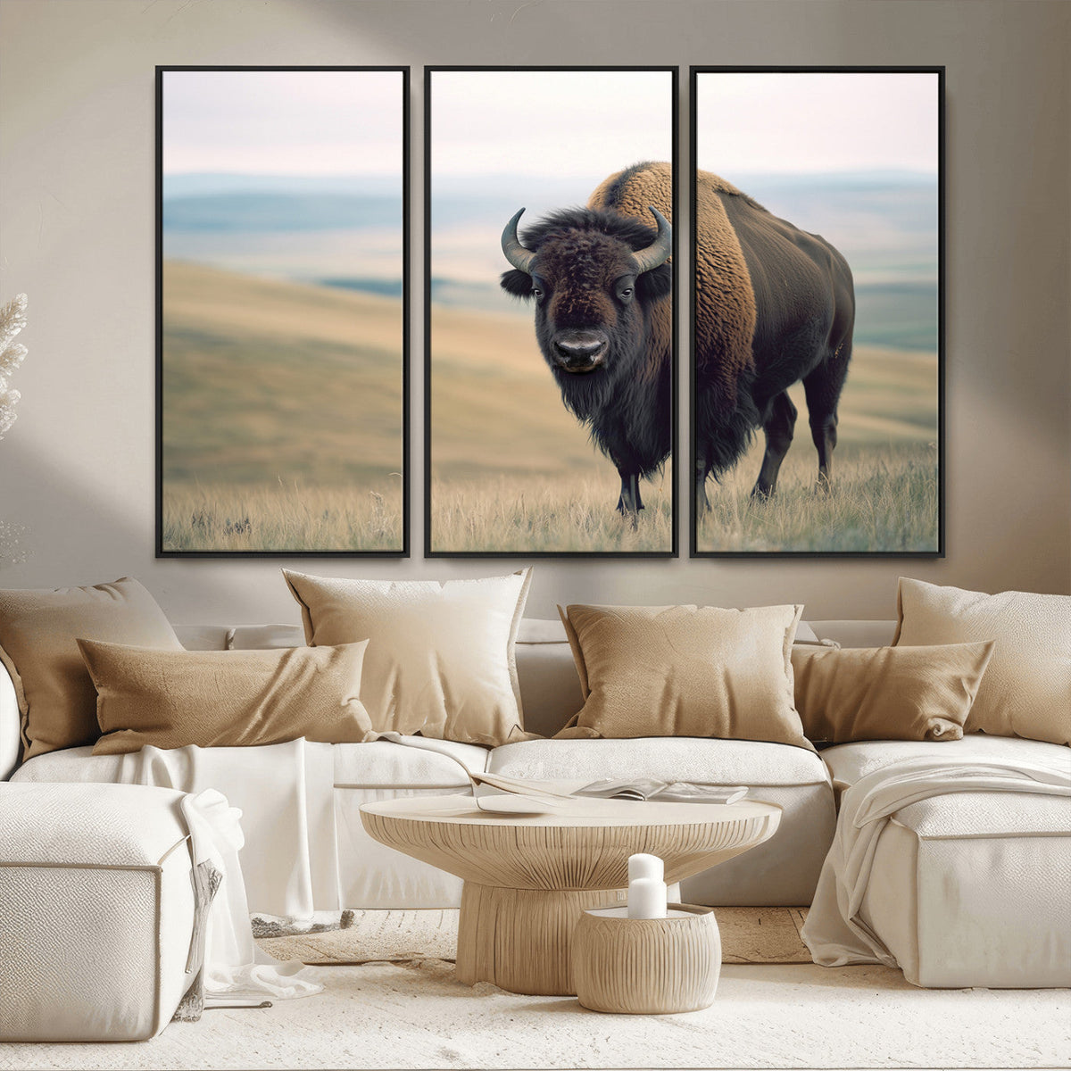 Bison Wall Art Canvas Print, Framed American Buffalo Rustic Western Artwork