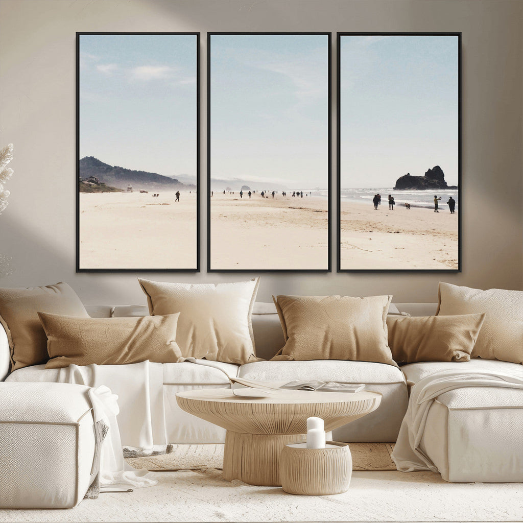 Minimalist Beach Wall Art Canvas Print, Framed Coastal Serenity Soft Sand