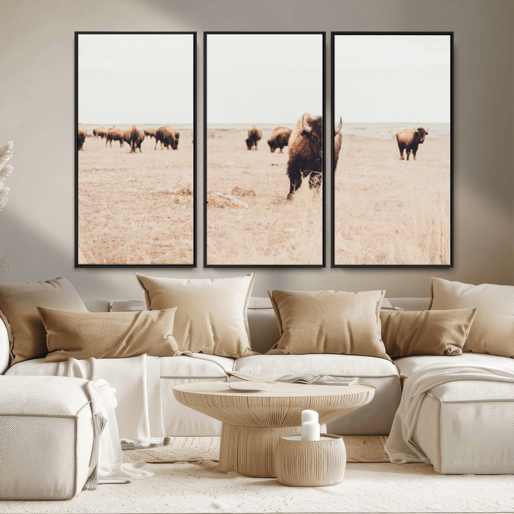 Bison Herd Wall Art Canvas Print, Framed Western Prairie Serenity