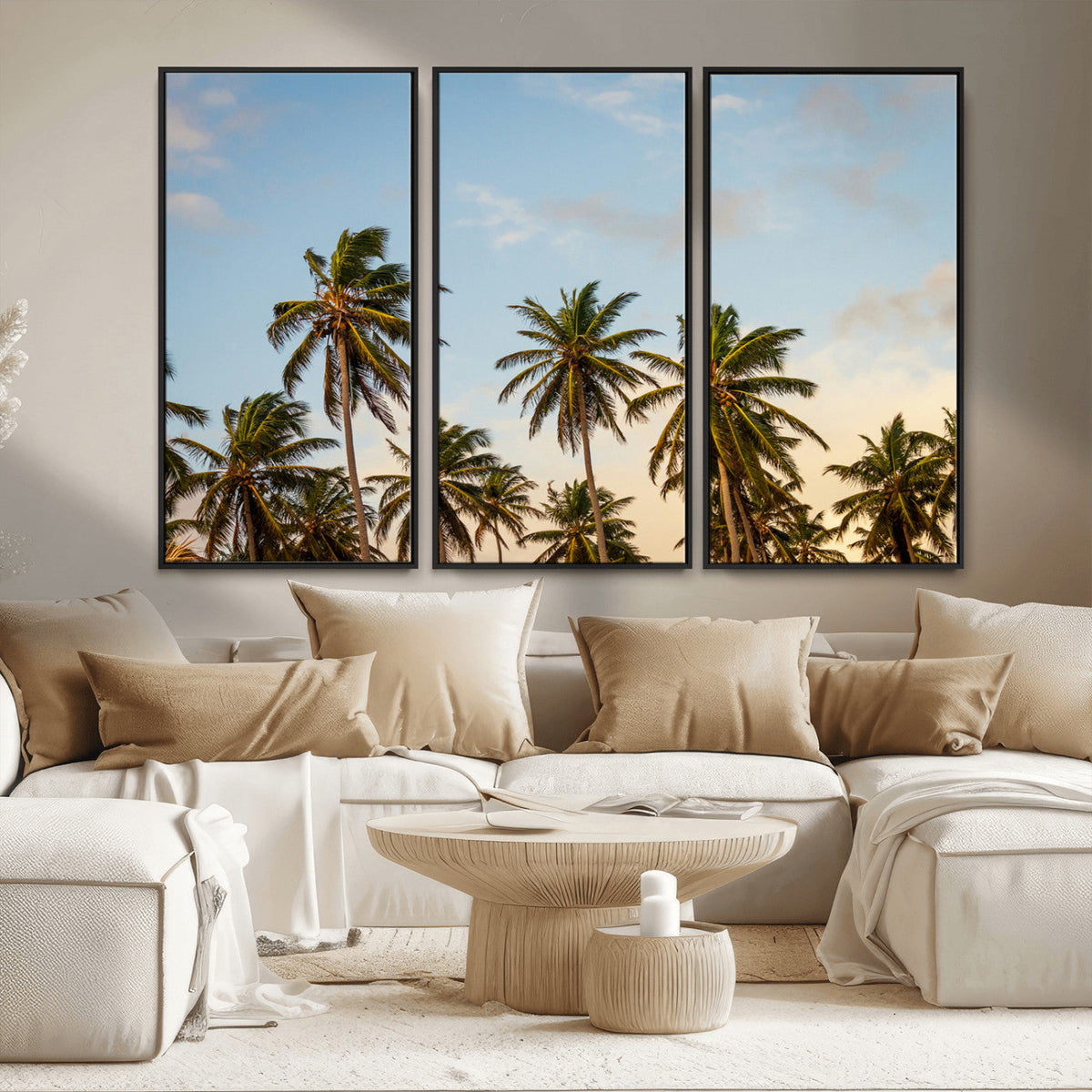 Palm Trees Wall Art Canvas Print, Framed Tropical Vibes Coastal Sunset