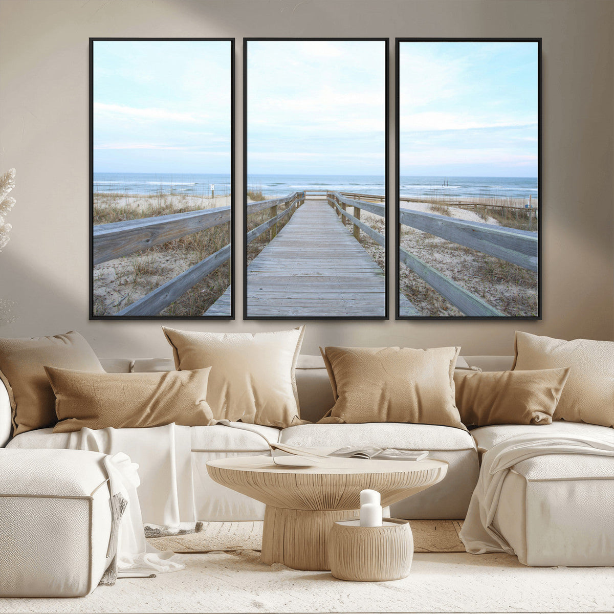 Beach Boardwalk Wall Art Canvas Print, Framed Coastal Serenity Ocean View