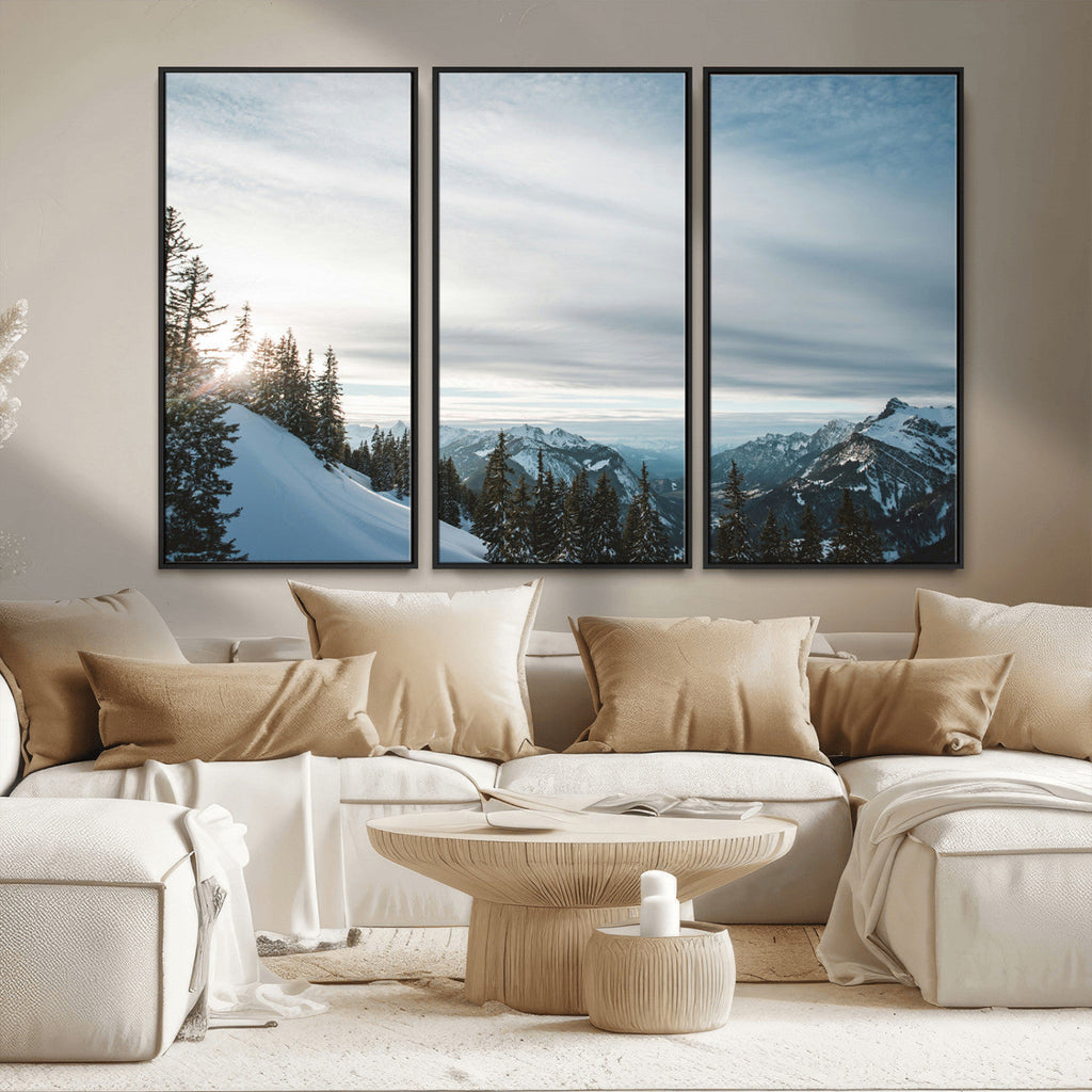 Snowy Mountains Wall Art Canvas Print, Framed Alpine Landscape Frosty Peaks Artwork