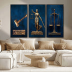 Lady Justice Wall Art Canvas Print, Elegant Gold Legal Symbols on Blue, Law Office Decor