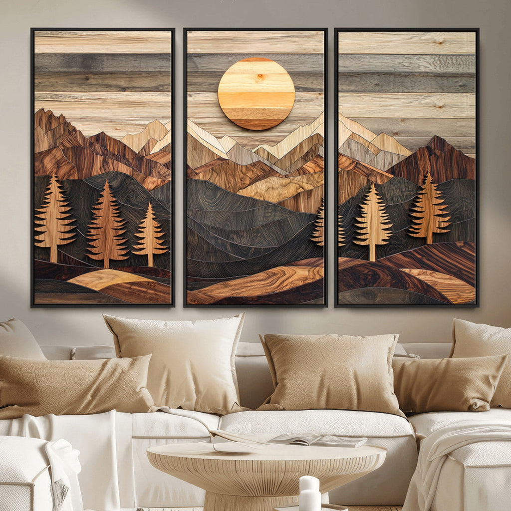 Wooden Mountain Layers Art | Rustic Pine Tree Landscape