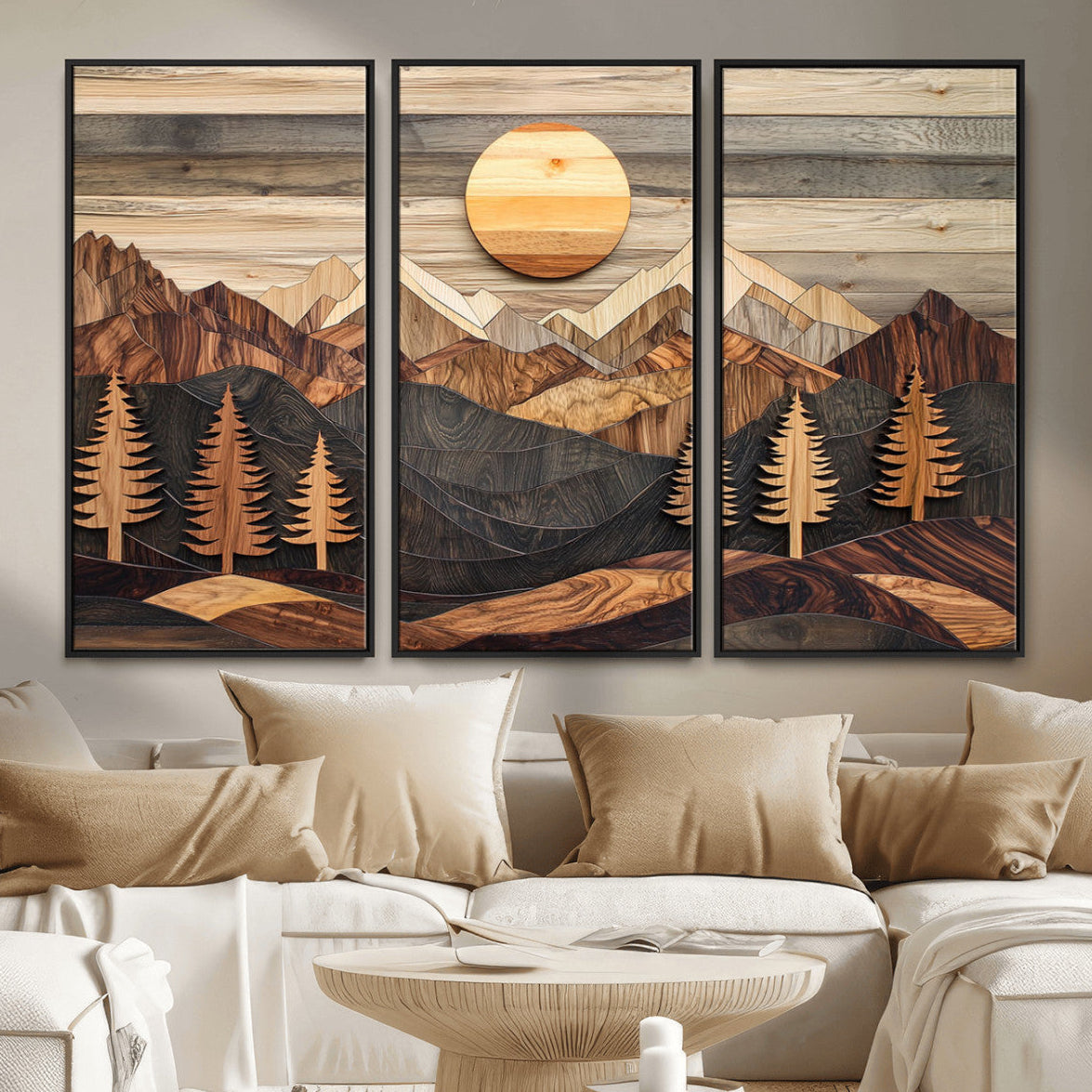 Wooden Mountain Layers Art | Rustic Pine Tree Landscape