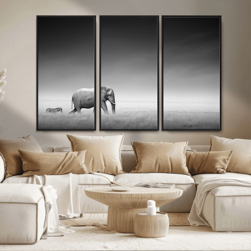Elephant and Zebra Wall Art Canvas Print, Modern Artwork