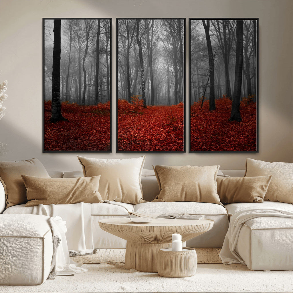 Red Forest Floor Canvas Wall Art | Mystical Foggy Woodland Triptych
