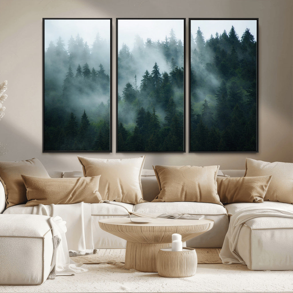 Misty Forest Wall Art | Serene Green Landscape Canvas Print