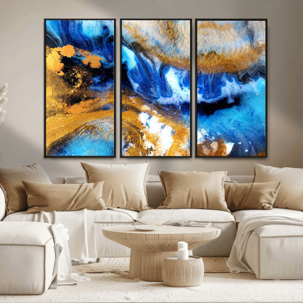Blue Orange Marble Fluid Effect Canvas Wall Art Print