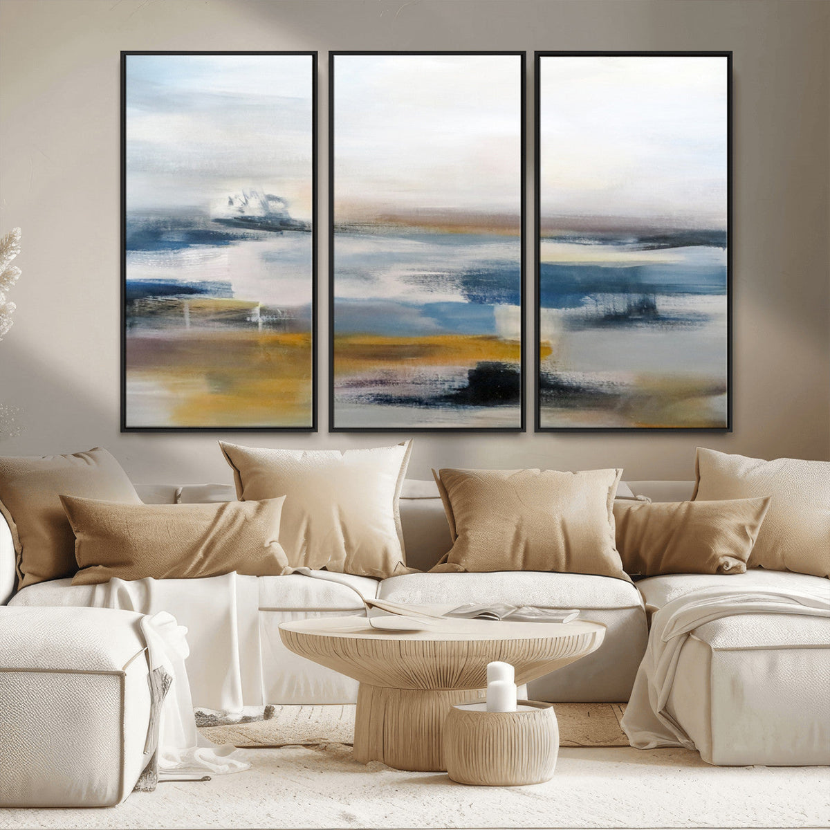 Abstract Landscape Wall Art Canvas | 3 Panel Modern Blue, Gold and White Canvas Art