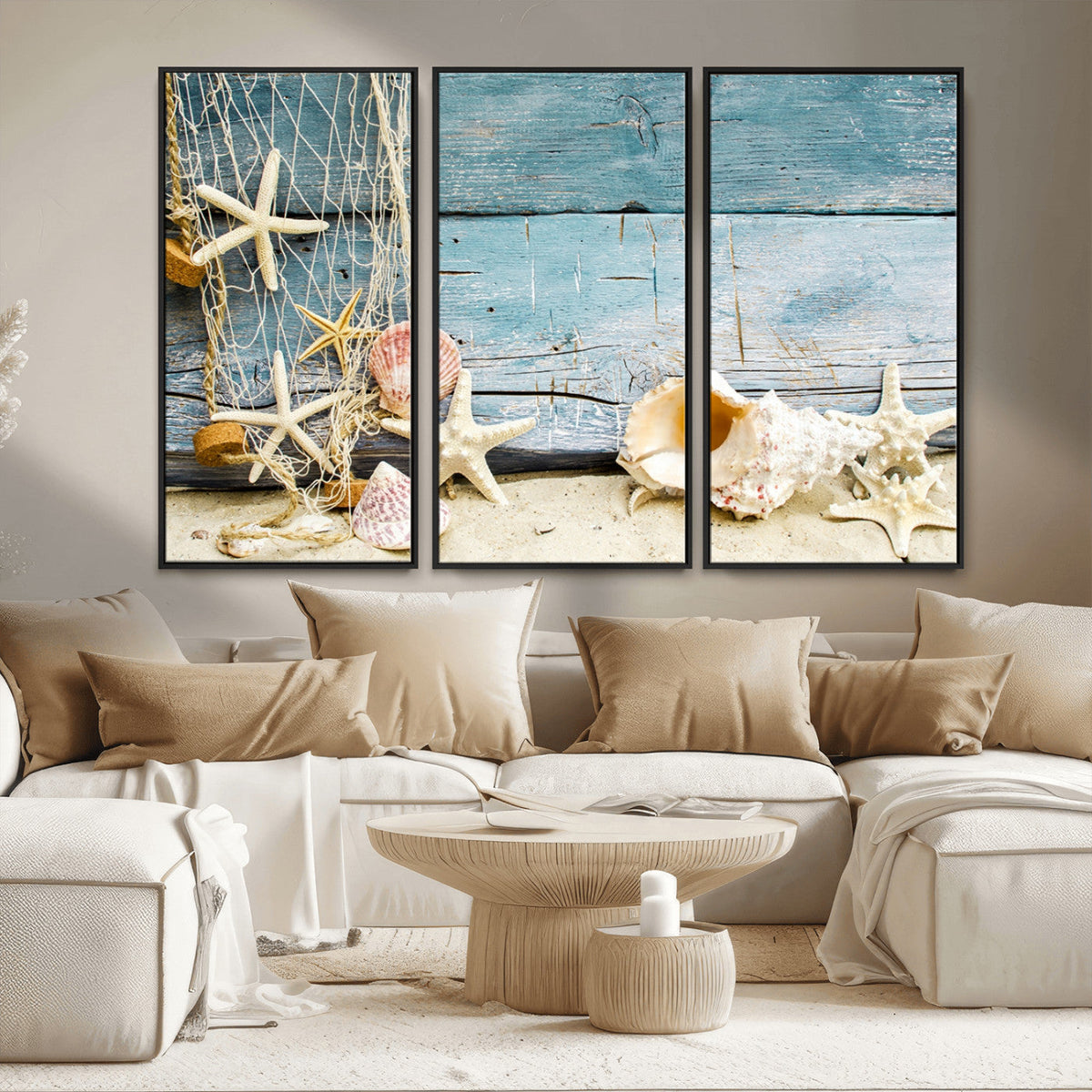Seashells on Rustic Wooden Background, Seashells Wall Art