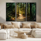Sunlit Forest Pathway Canvas Print | 3 Panel Large Nature Wall Art