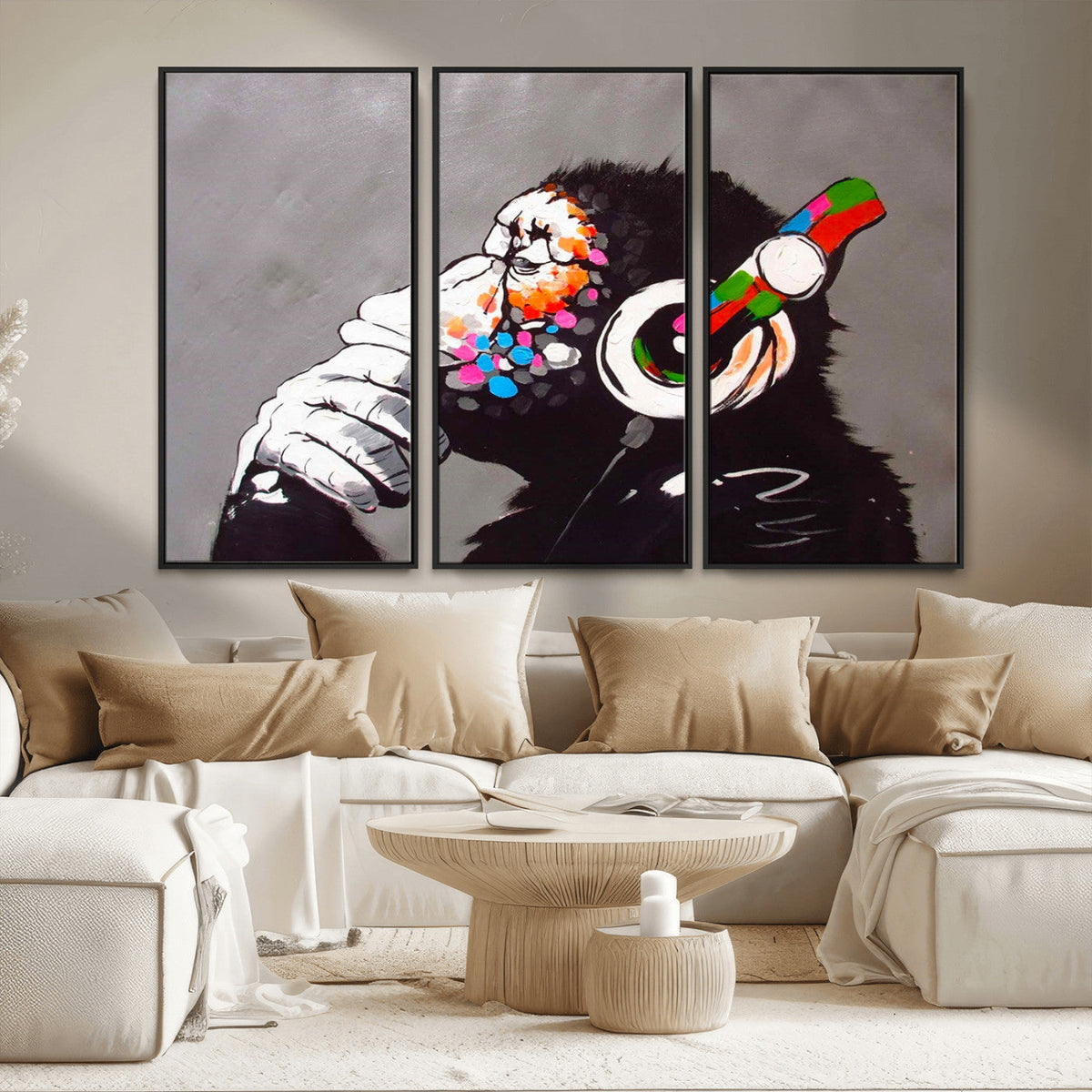 DJ Monkey Listening to Music Wall Art Print | Banksy Monkey Large Canvas Print