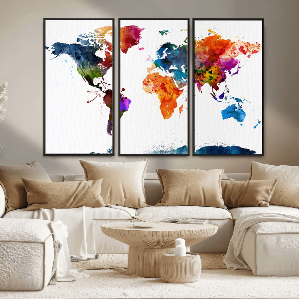 Bold Colorful World Map Canvas Print | Detailed Map of the World Wall Art
