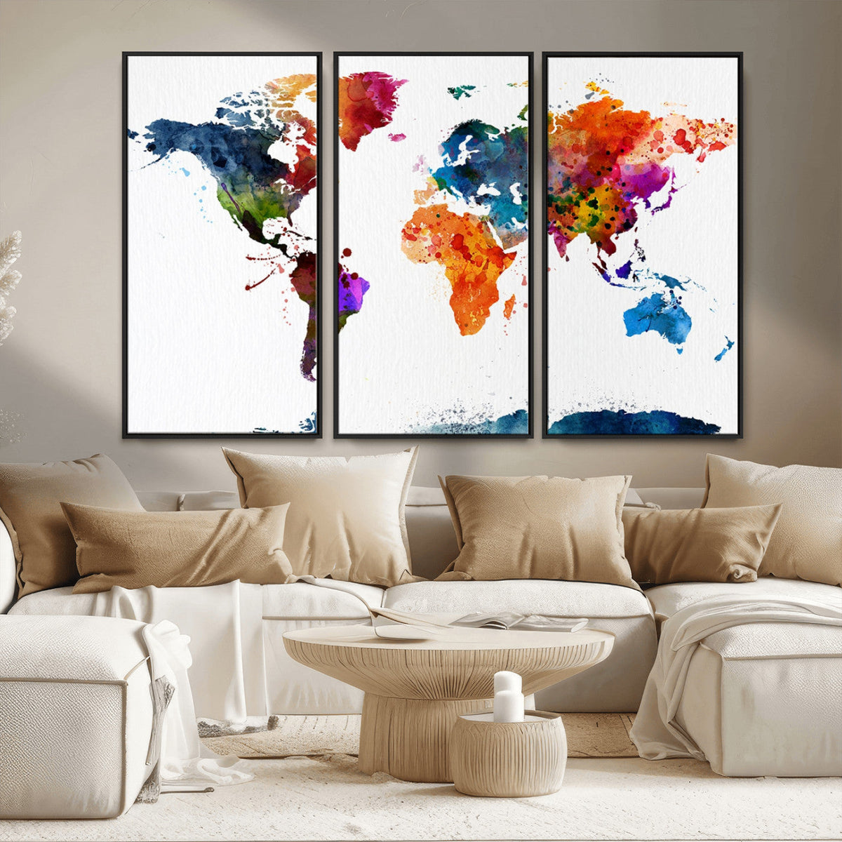 Bold Colorful World Map Canvas Print | Detailed Map of the World Wall Art