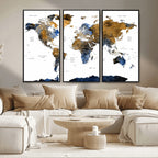 Modern Abstract World Map Canvas Wall Art | Framed Blue and Gold Map Print