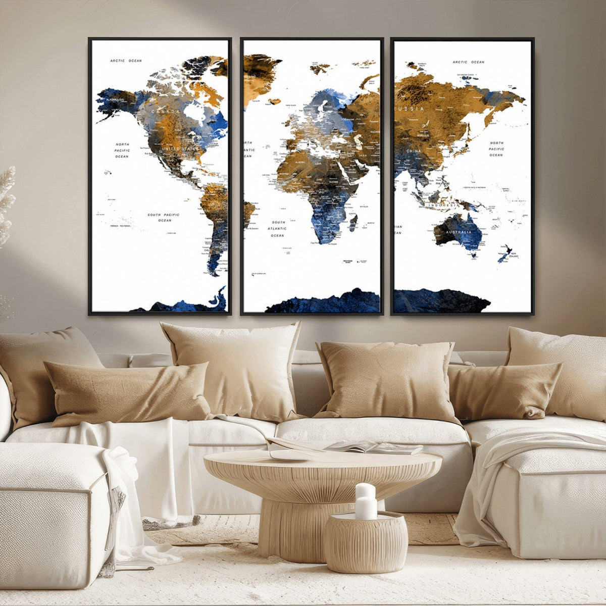 Modern Abstract World Map Canvas Wall Art | Framed Blue and Gold Map Print