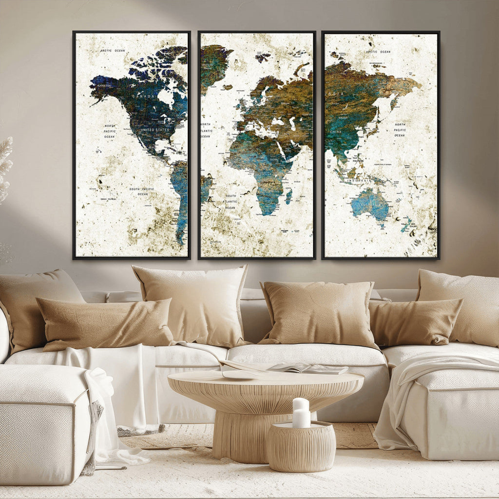 Vintage World Map Wall Art Canvas Print, Framed Rustic Earth Tone Map