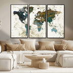 Vintage World Map Wall Art Canvas Print, Framed Rustic Earth Tone Map