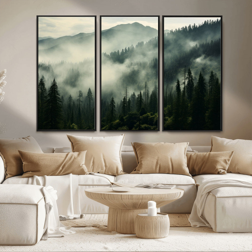 Captivating Misty Forest Wall Art Premium Canvas Print, A Foggy and Serene Atmosphere