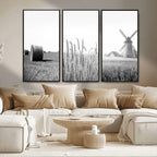 Vintage Farmhouse Black and White Triptych Wall Art, Giclee Canvas with Wheat Fields, Hay Bales and Windmill