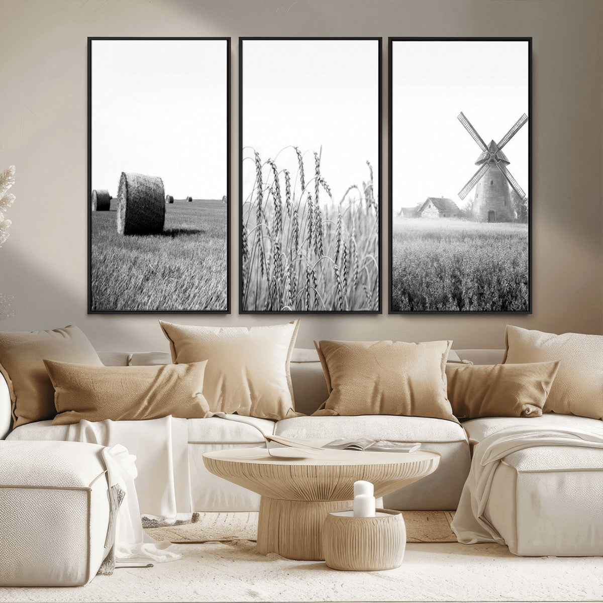 Vintage Farmhouse Black and White Triptych Wall Art, Giclee Canvas with Wheat Fields, Hay Bales and Windmill