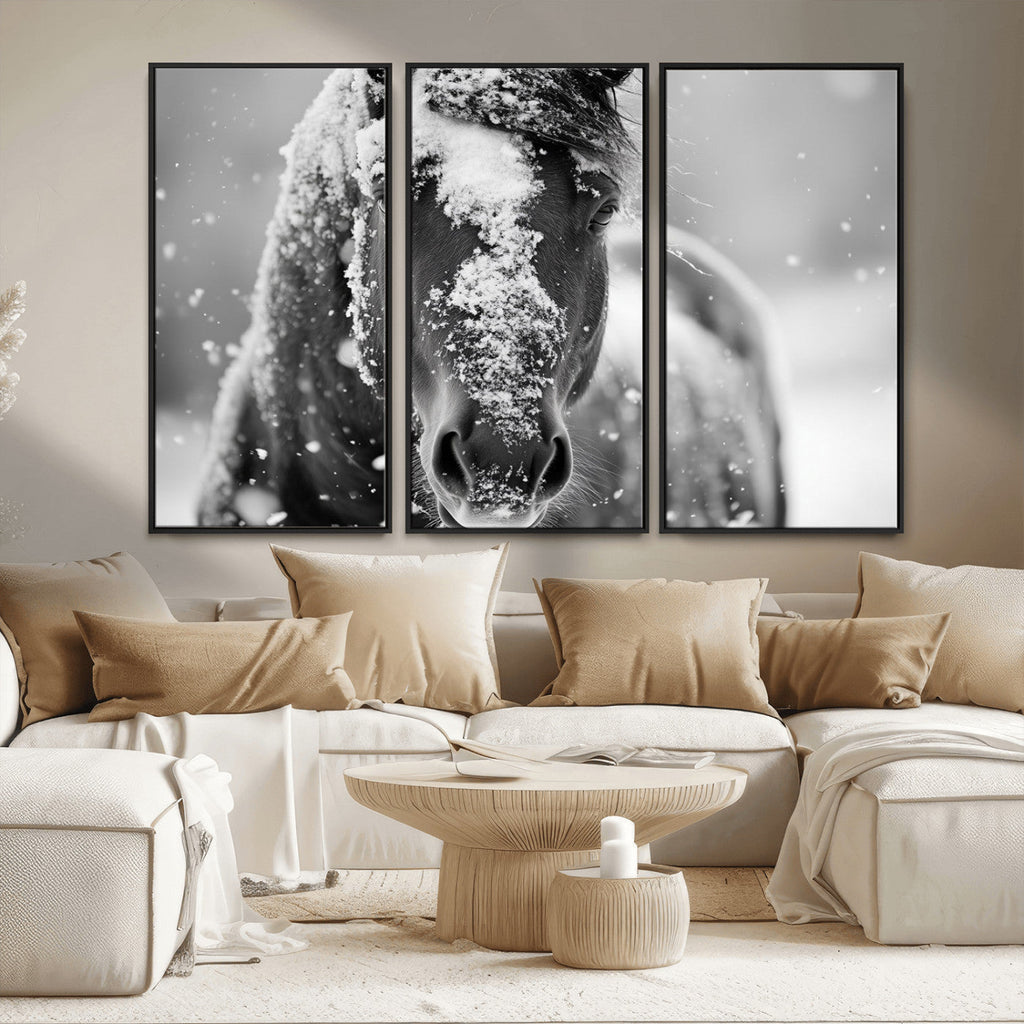 Black and White Horse Winter Wall Art, Ready to Hang