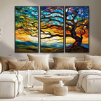 Vibrant Mosaic Tree of Life Wall Art, Stained Glass Style Canvas Print
