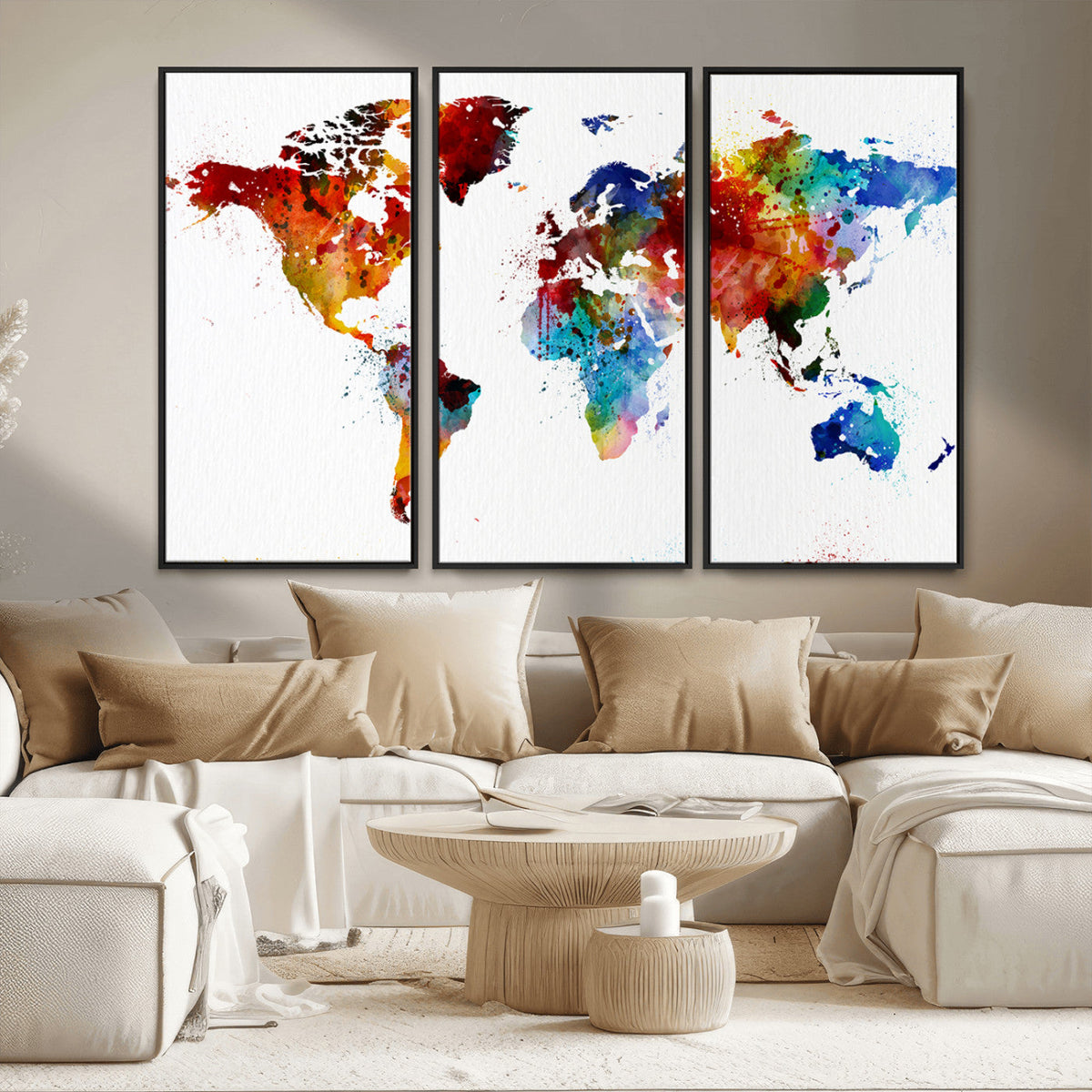 Colorful World Map Canvas Wall Art Print, Contemporary Global Map Artwork