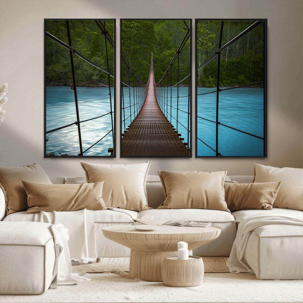 Suspension Bridge Over River Canvas Art | 3-Panel Nature Wall Art