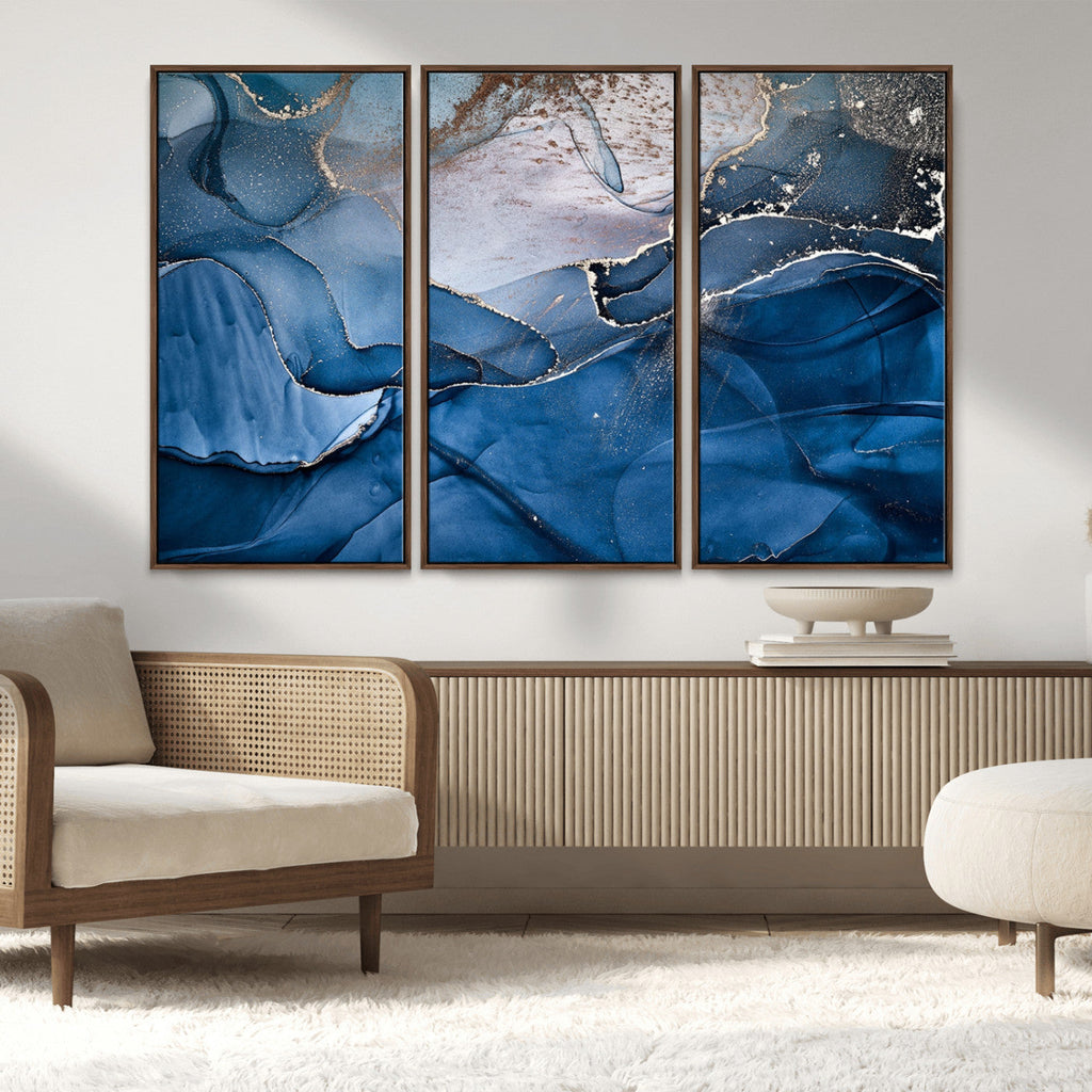 Navy Blue Canvas Art Abstract Print | Elegant Triptych Modern Art