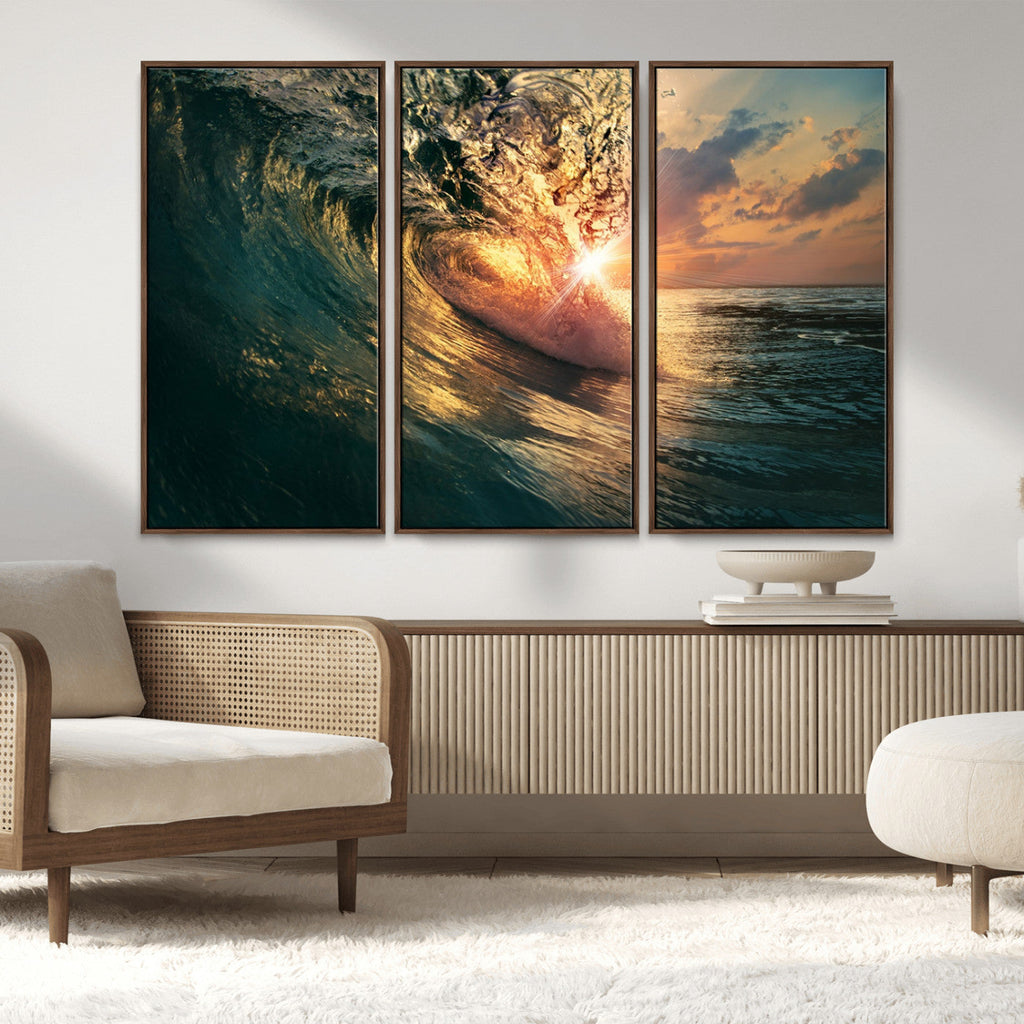 Ocean Wave Sunset Canvas Wall Art | Triptych Seascape Print