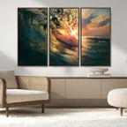 Ocean Wave Sunset Canvas Wall Art | Triptych Seascape Print