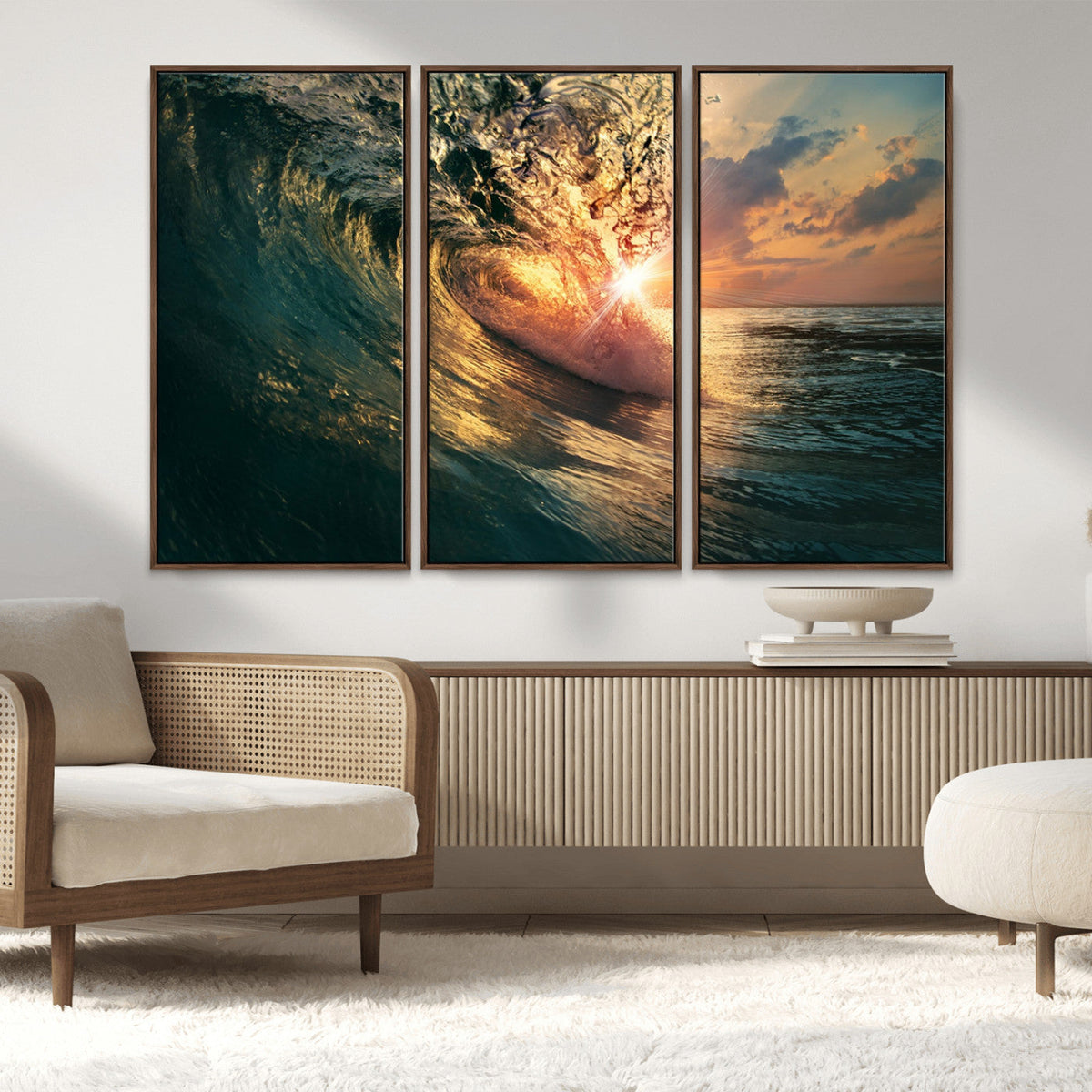 Ocean Wave Sunset Canvas Wall Art | Triptych Seascape Print