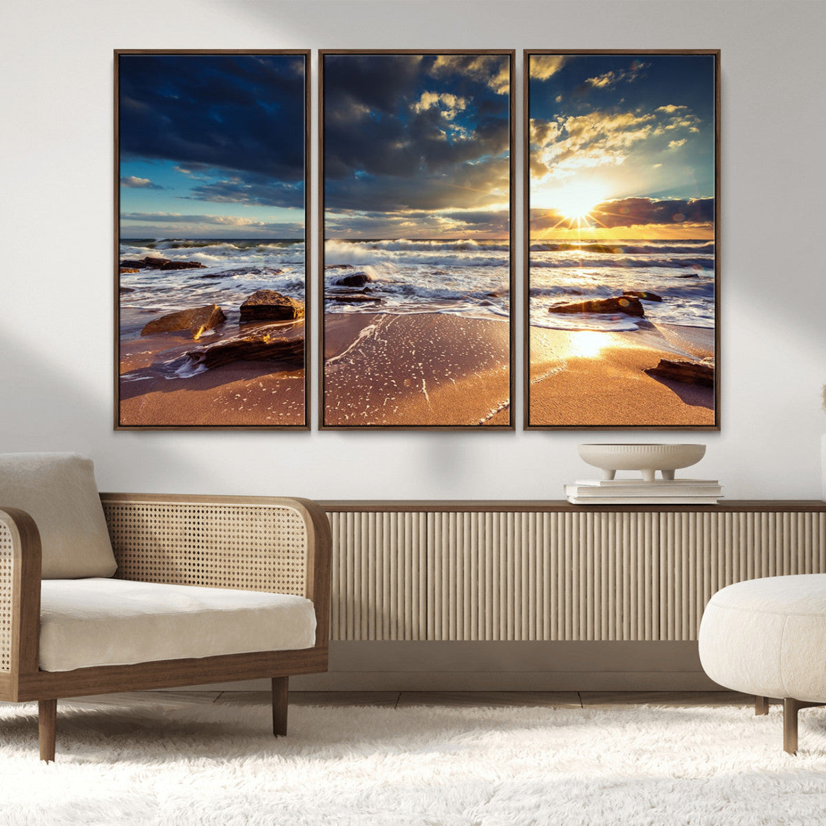 Golden Hour Beach Sunset Canvas Triptych, Ocean Waves and Rocks Wall Art